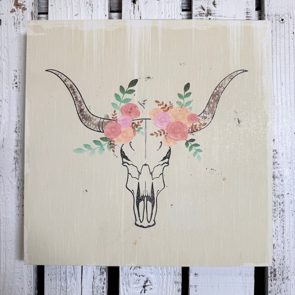 Other - Boho Vibes Floral Bull Skull Print Wall Hanging Home Decor 12”x12” Distress Look